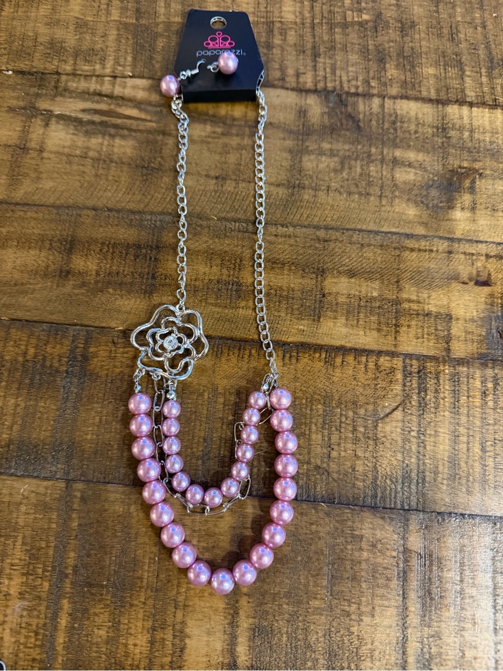 paparazzi Pink Pearl Triple-Strand Necklace with Silver Flower Accent